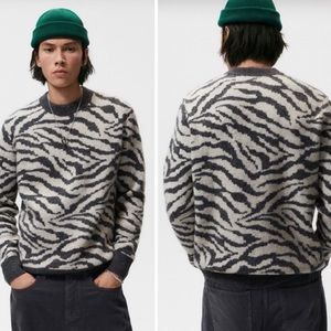 Zara Knit Jacquard Zebra print wool blend sweater mens XL